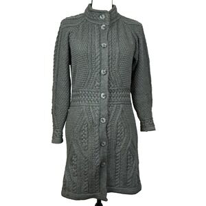 Aran Crafts Sweater Long Cardigan Women XXS Green Merino Wool Cable Knit Ireland